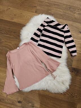 Vintage Pink Bell-Sleeve Top & Pink-Black Striped Long Sleeve Set
